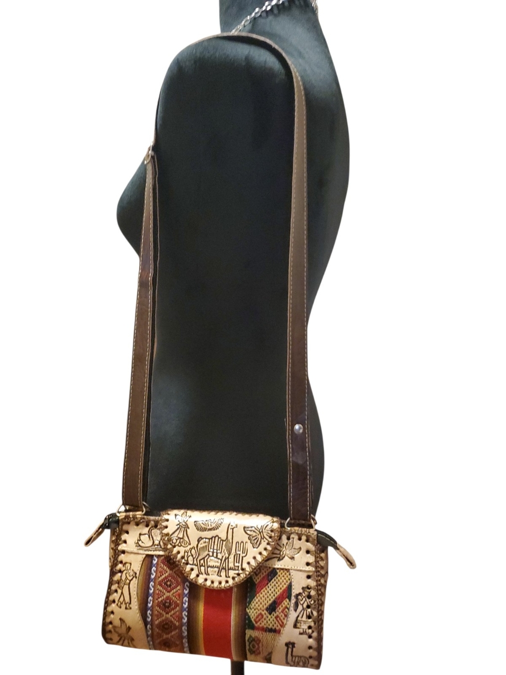 Peruvian Handmade Tooled Leather Serape Crossbody 8" Cream Brown Andean Textile